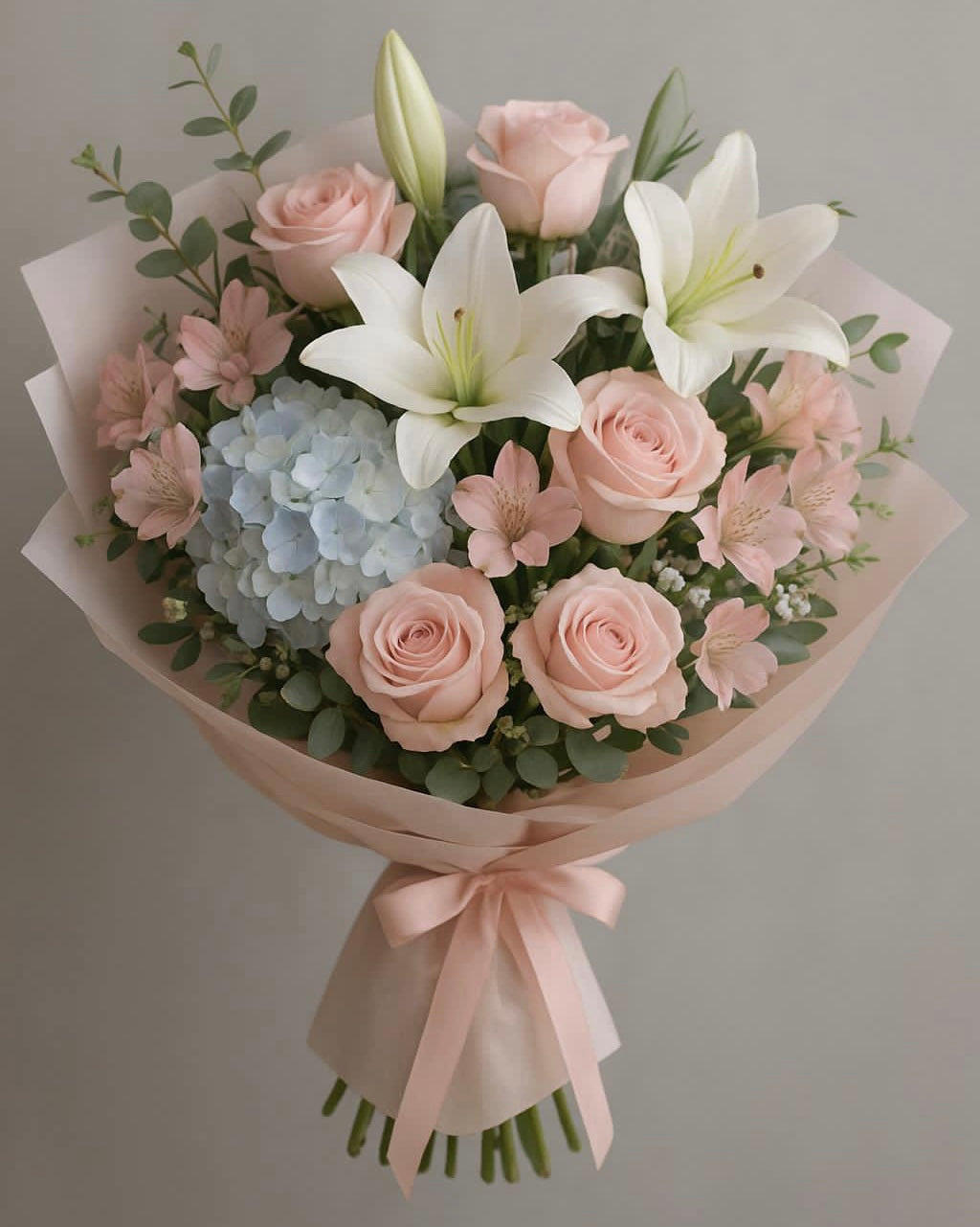 Ramo de 6 rosas rosadas, 2 varas lirio blanco y una Hortensia