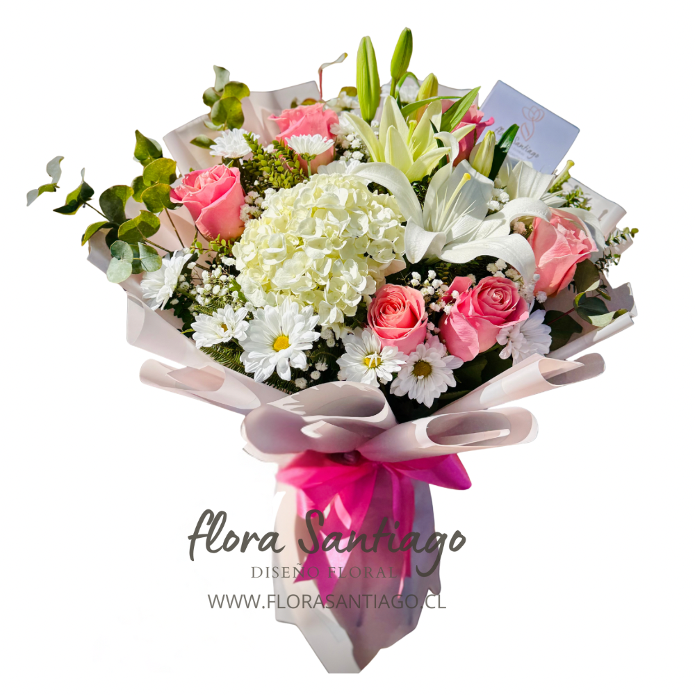Ramo de 6 rosas rosadas, 2 varas lirio blanco y una Hortensia