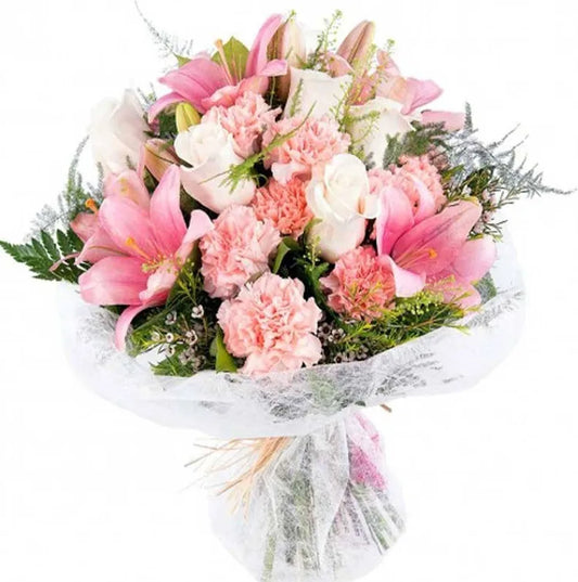 Ramo de lirios rosados, rosas y claveles