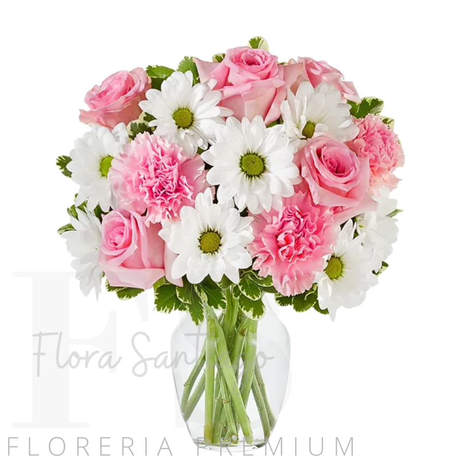 Florero de 6 rosas rosadas, claveles y margaritas