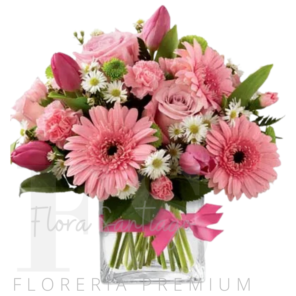 Arreglo en base de vidrio de 6 Rosas, 6 gerberas y 6 tulipanes flores en tonos rosados
