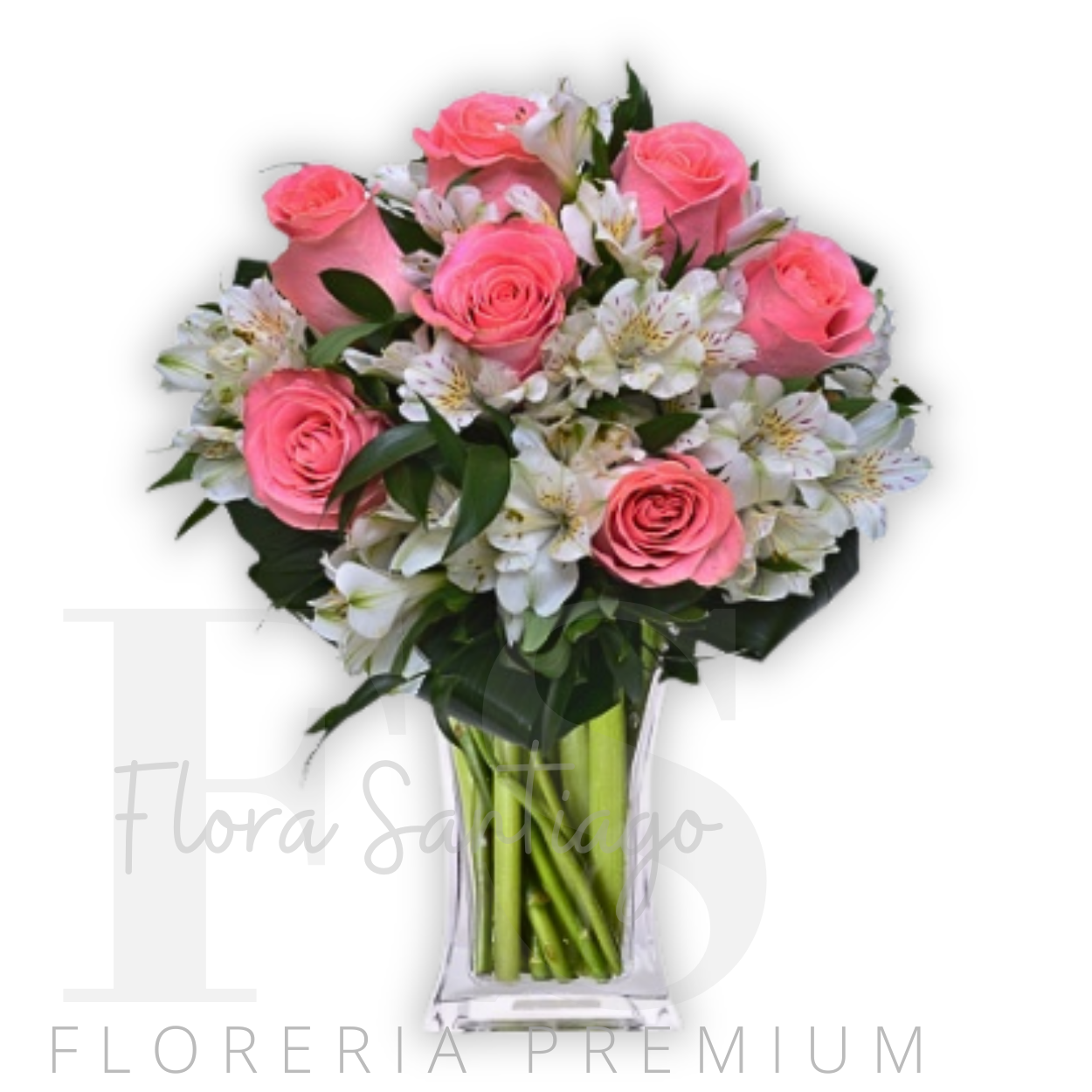Florero de 8 rosas rosadas y alstromeria