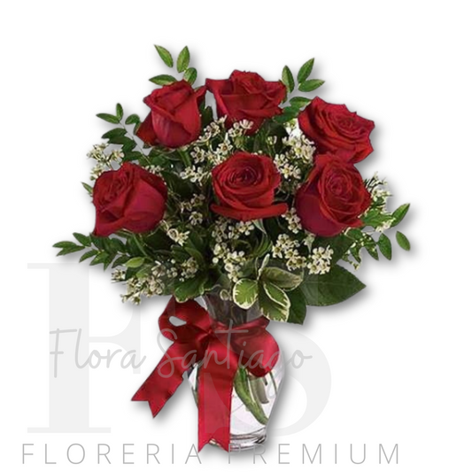 Florero con 6 rosas rojas