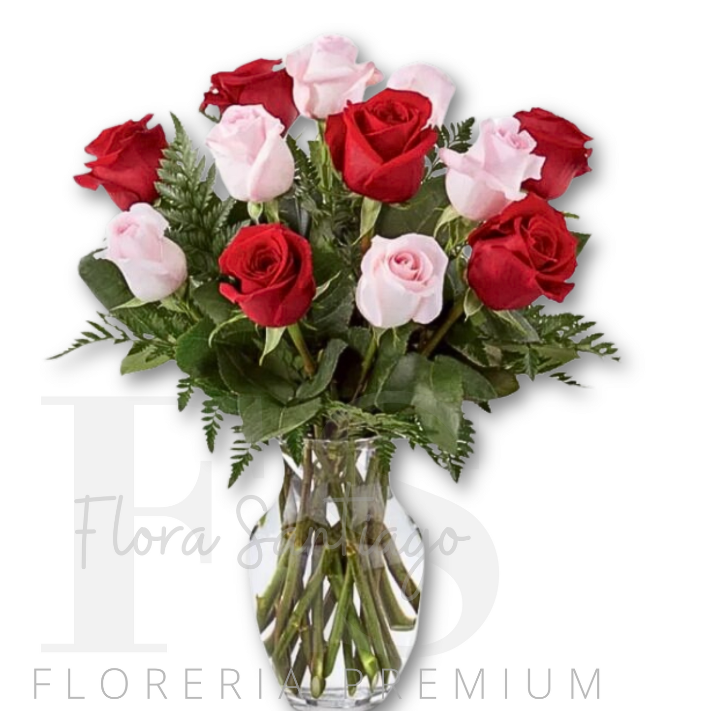 Florero con 6 rosas rosadas y 6 rosas rojas