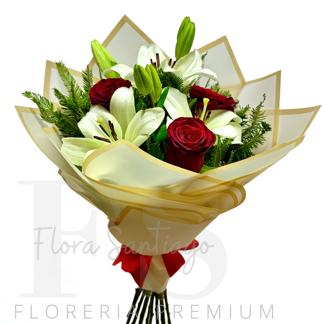 RAMO DE 3 ROSAS ROJAS Y 3 LILIUMS BLANCO