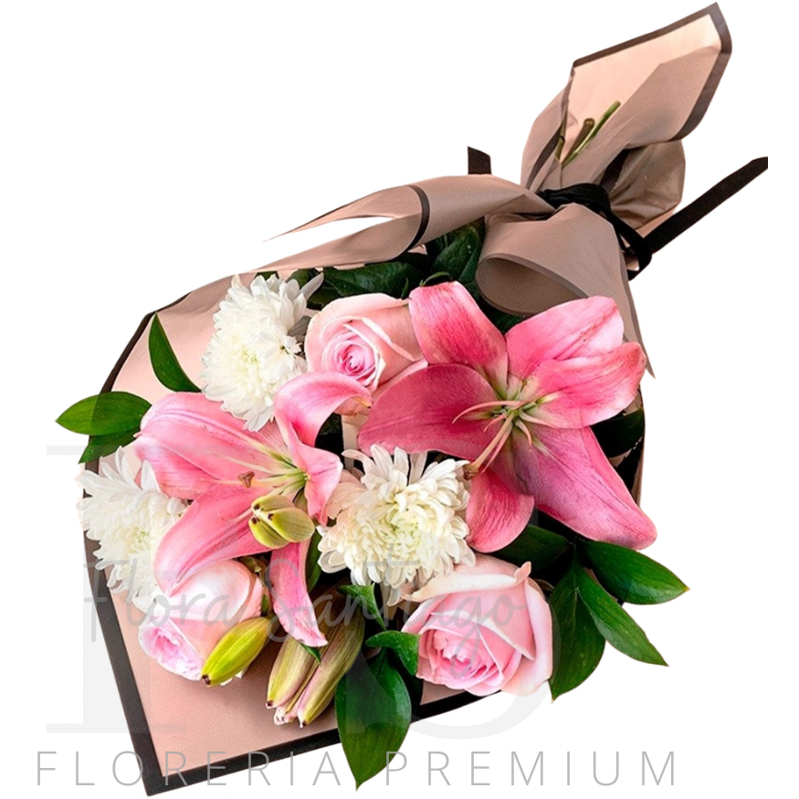 RAMO ROSADO CON LILIUMS, ROSAS Y MABLES