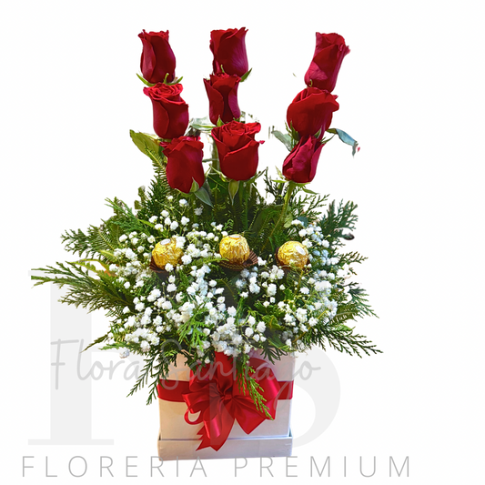 Box de 9 rosas y 3 bombones de chocolate
