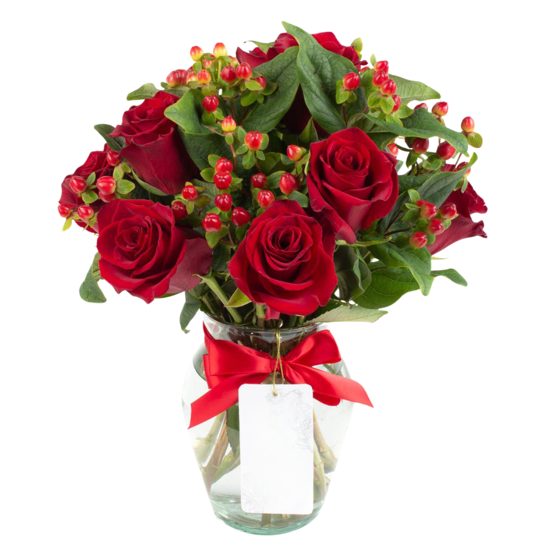 FLORERO DE 6 ROSAS ROJAS CON HYPERICUM