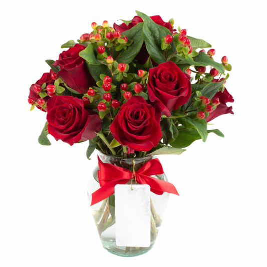 FLORERO DE 6 ROSAS ROJAS CON HYPERICUM