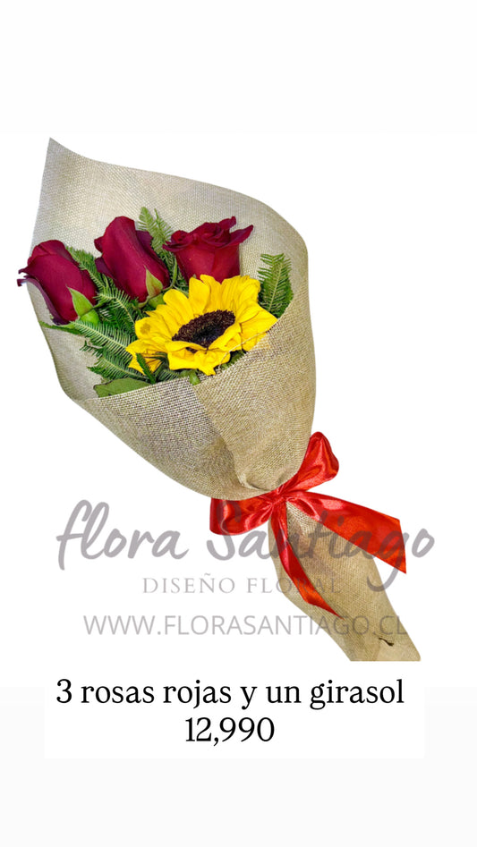 3 rosas y 1 girasol