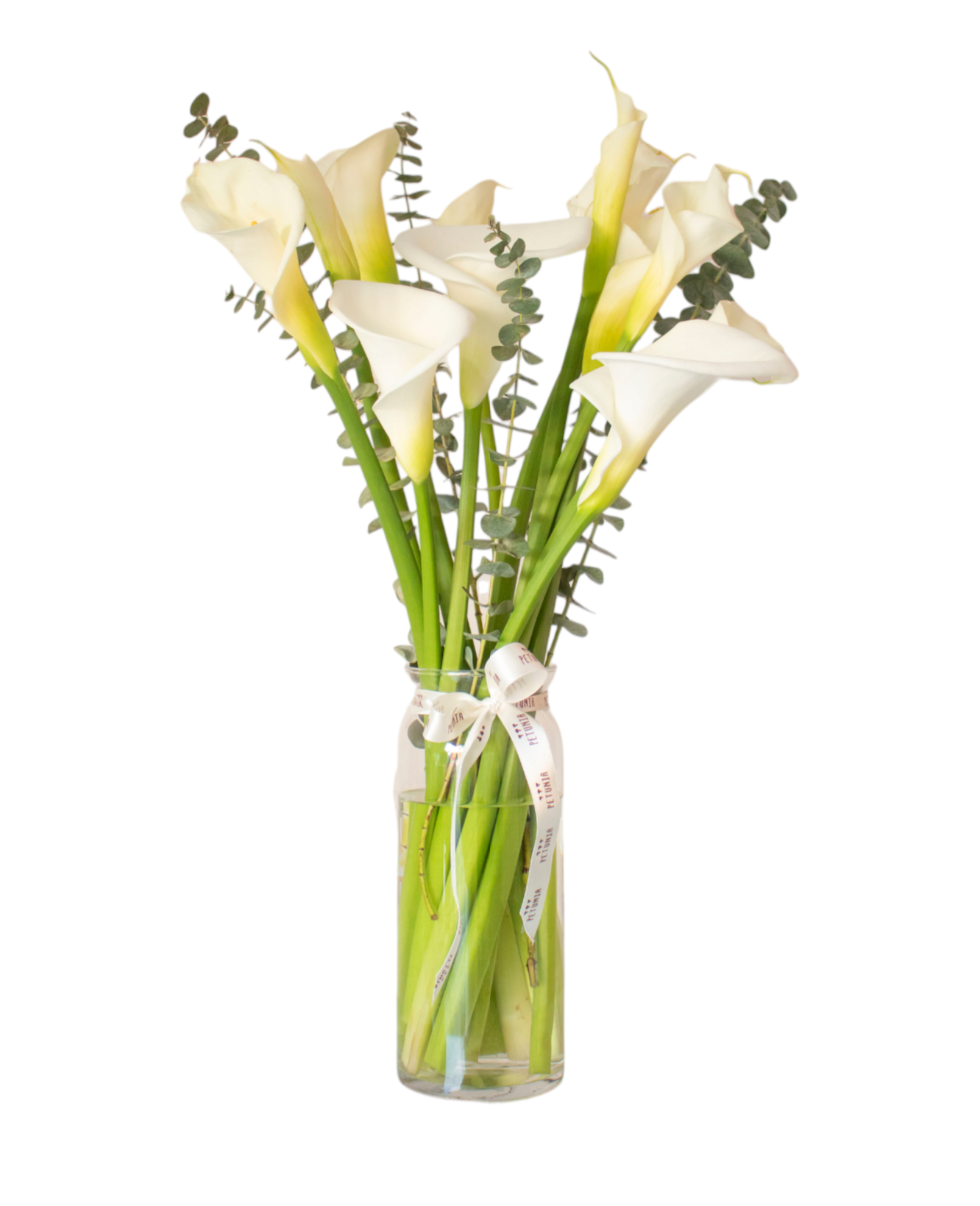 Florero de 10 calas y eucalipto
