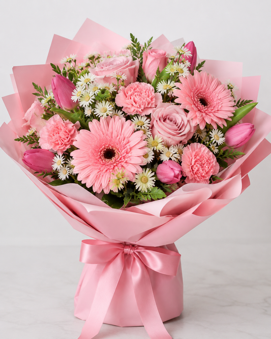 Ramo con flores rosadas con 5 tulipanes 3 gerberas, claveles y rosas