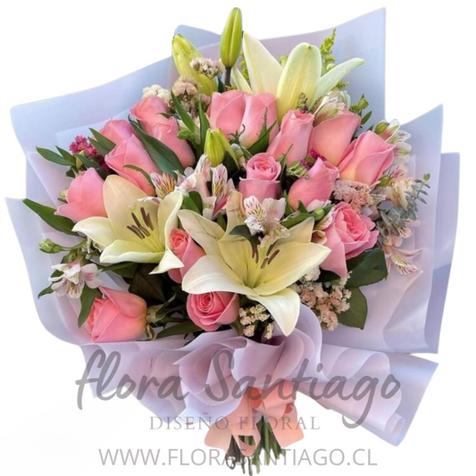 Ramo con 12 Rosas rosadas y 3 varas de lilium blanco