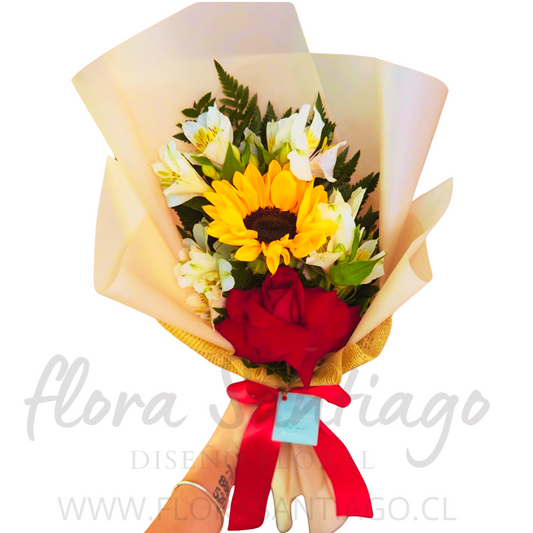 Ramo de 1 girasol, 1 rosa francesa y alstroemeria ￼