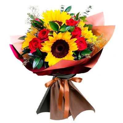 Ramo de 5 rosas y 5 girasoles