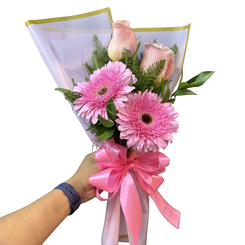Ramo de 2 rosas y 2 gerberas rosadas