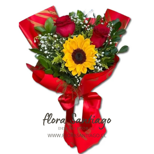 2 Rosas rojas y un girasol.