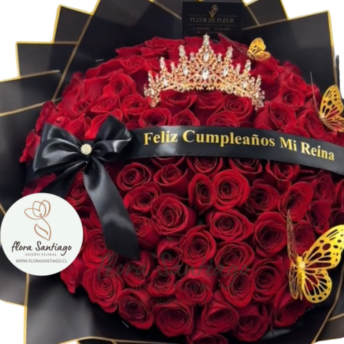 100 rosas rojas, cinta feliz cumpleaños y corona