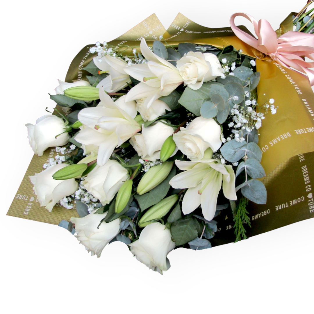 Ramo de 10 rosas blancas y 6 liliums blanco