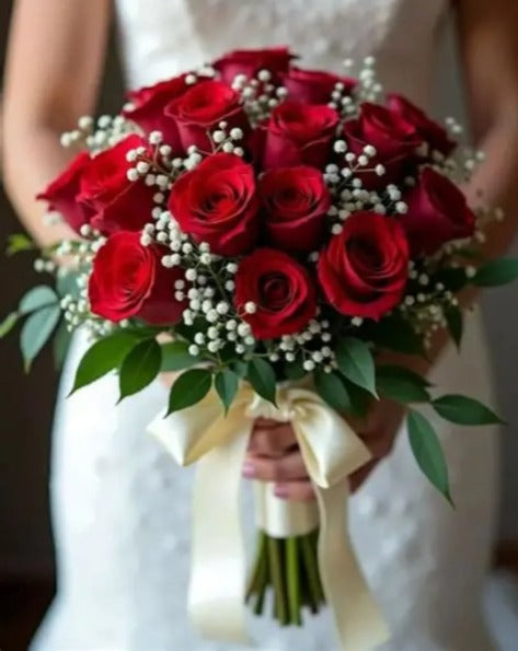 Ramo de Novia 20 Rosas roja y Gypsophila