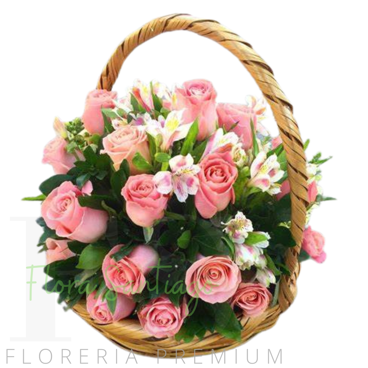 CANASTO  CON 12 ROSAS ROSADAS Y ALSTROMERIA