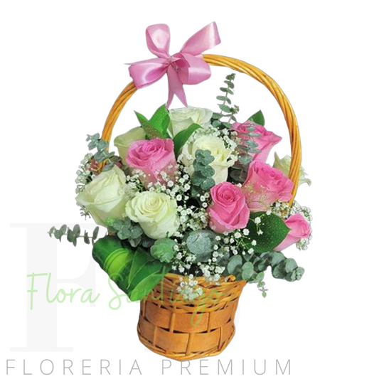 CANASTO DE 6 ROSAS BLANCAS Y 6 ROSAS ROSADAS