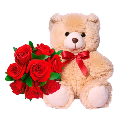 RAMO DE 8 ROSAS ROJAS Y LINDO OSITO