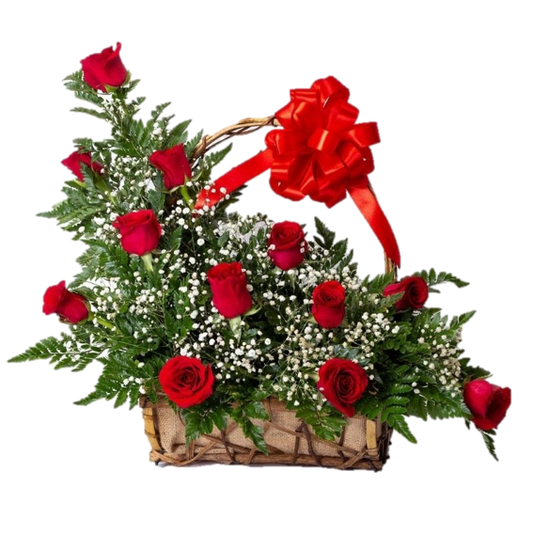 ROMANTICO CANASTO DE 12 ROSAS IMPORTADAS