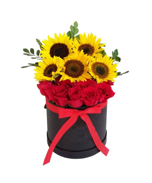 BOX CILINDRICO DE 10 ROSAS Y 5 GIRASOLES