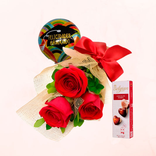 Ramito de 3 Rosas Rojas Globo y Bombones