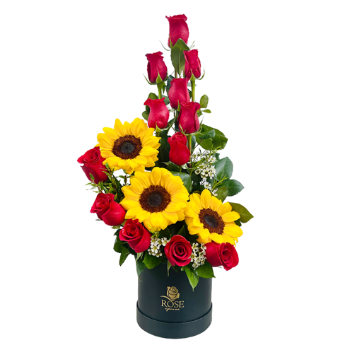 ELEGANTE BOX DE 12 ROSAS Y 3 GIRASOLES