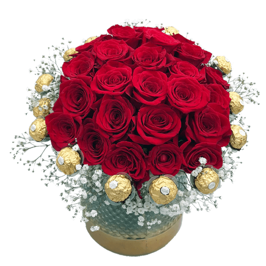 LUJOSO BOX DE 20 ROSAS Y 14 FERREROS