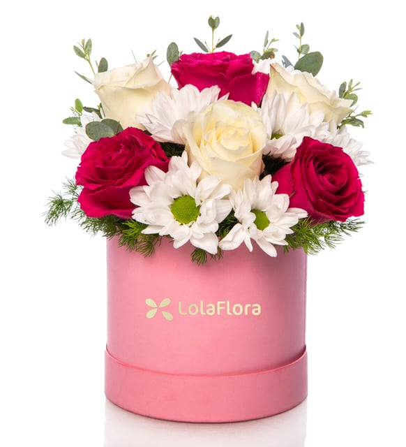 Box de rosas fucsia y rosas blancas
