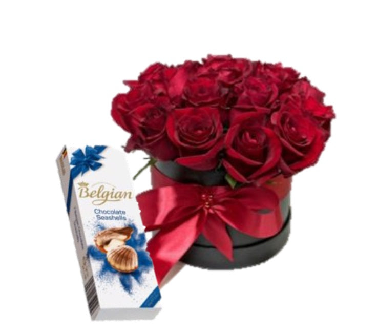 BOX DE 12 ROSAS CON BOMBONES BELGIAN