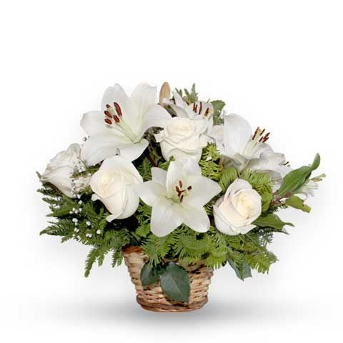 CANASTO FUNERARIO DE 6 ROSAS Y LILIUM