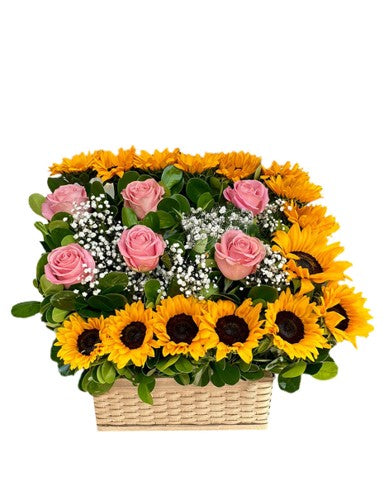 CANASTO DE 15 GIRASOLES Y 6 ROSAS