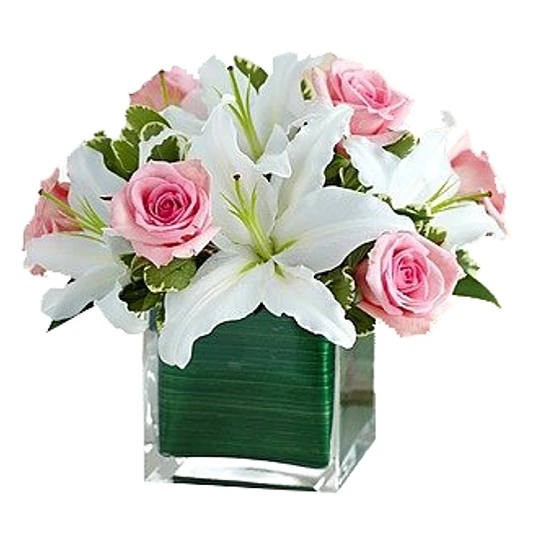 CUBO DE 8 ROSAS ROSADAS Y LILIUM