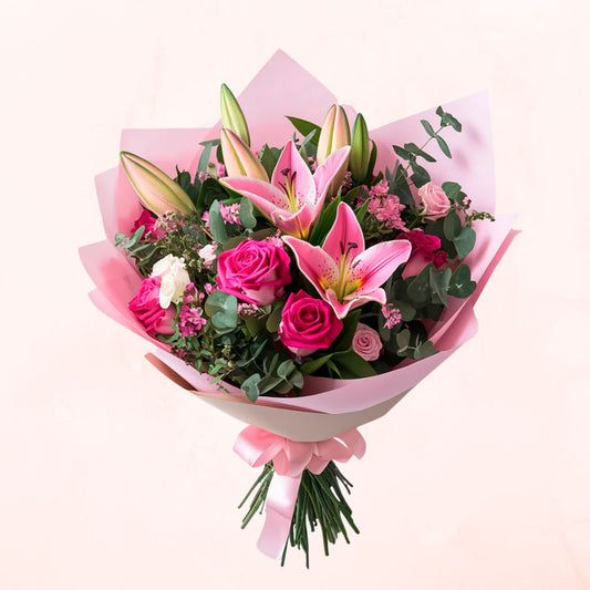 Ramo de 6 Rosas Rosadas y Lilium