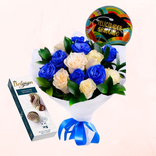 Ramo de 12 Rosas Azules y blancas para Graduado