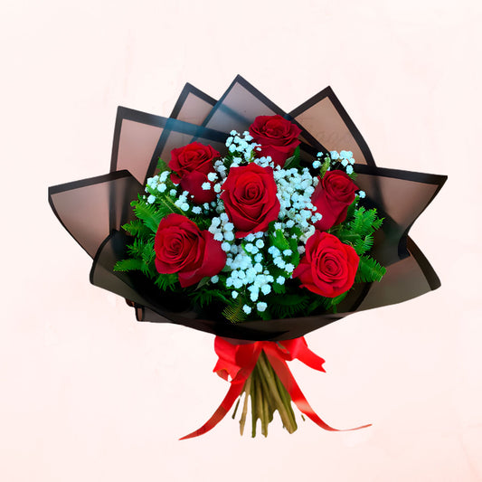 Ramo de 6 Rosas Rojas y gypsophila
