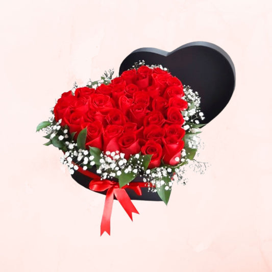 Box Corazon de Rosas Rojas y gypsophila